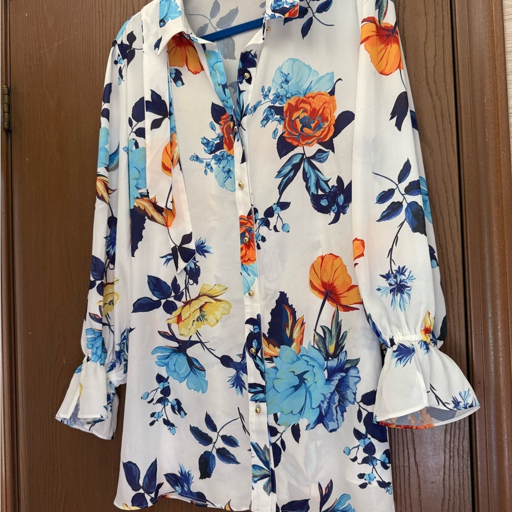 IMAN white blouse with Blue and Orange flowers NWOT - Picture 3 of 7